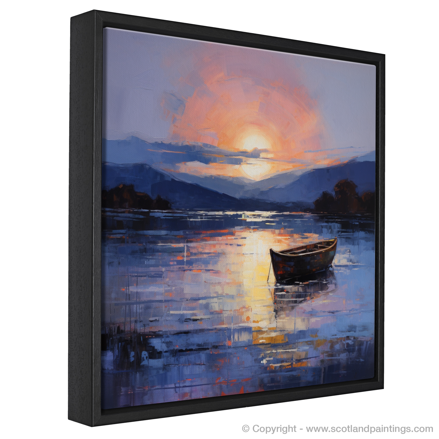 Painting and Art Print of Lone rowboat on Loch Lomond at dusk entitled "Dusk Serenade on Loch Lomond".