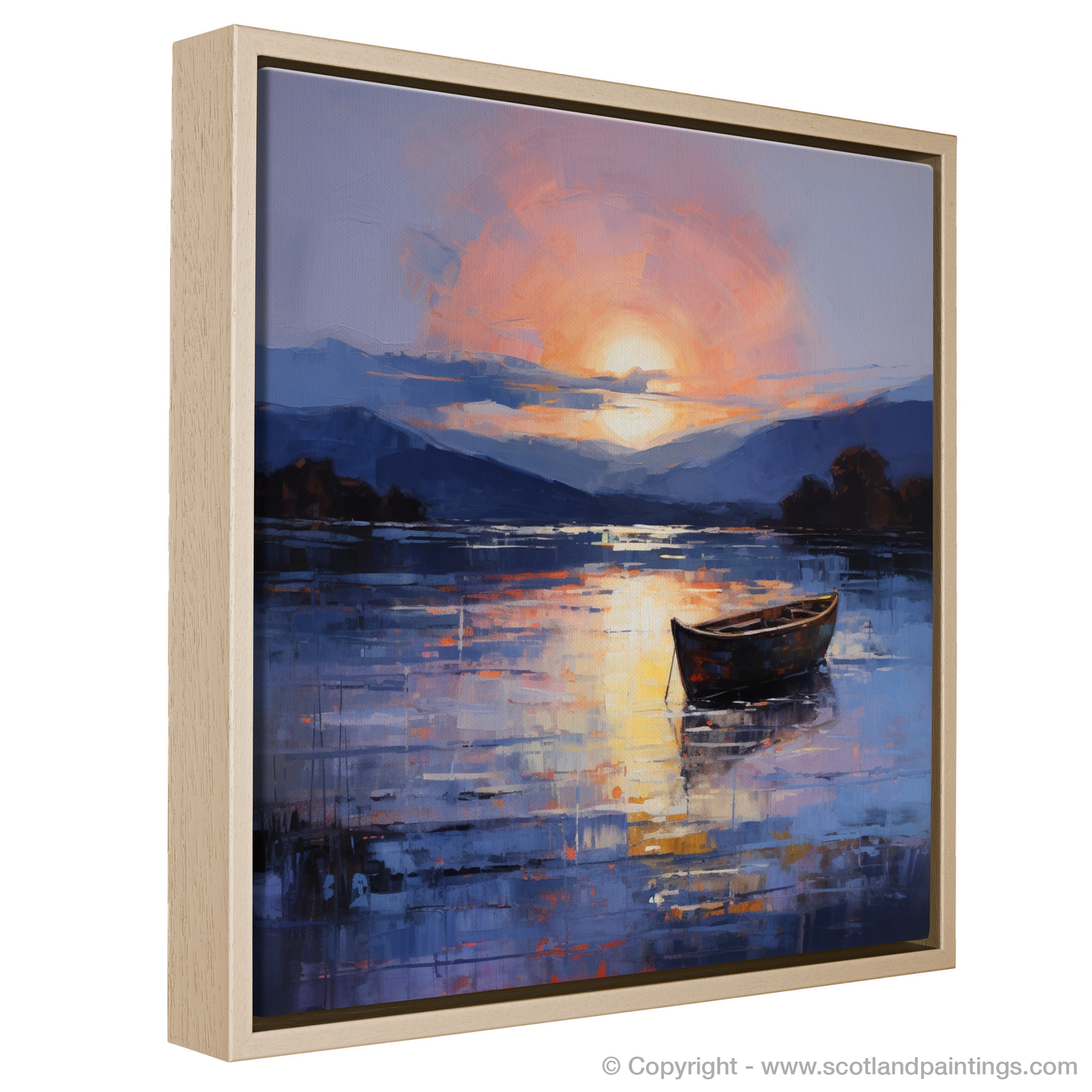 Painting and Art Print of Lone rowboat on Loch Lomond at dusk entitled "Dusk Serenade on Loch Lomond".