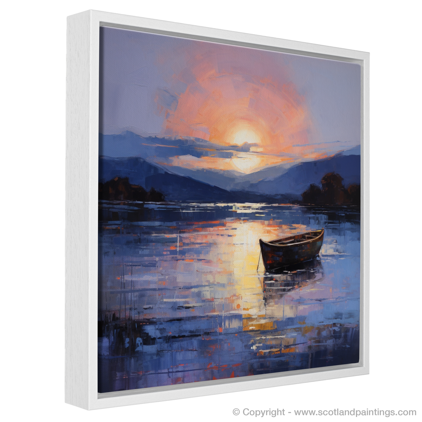 Painting and Art Print of Lone rowboat on Loch Lomond at dusk entitled "Dusk Serenade on Loch Lomond".