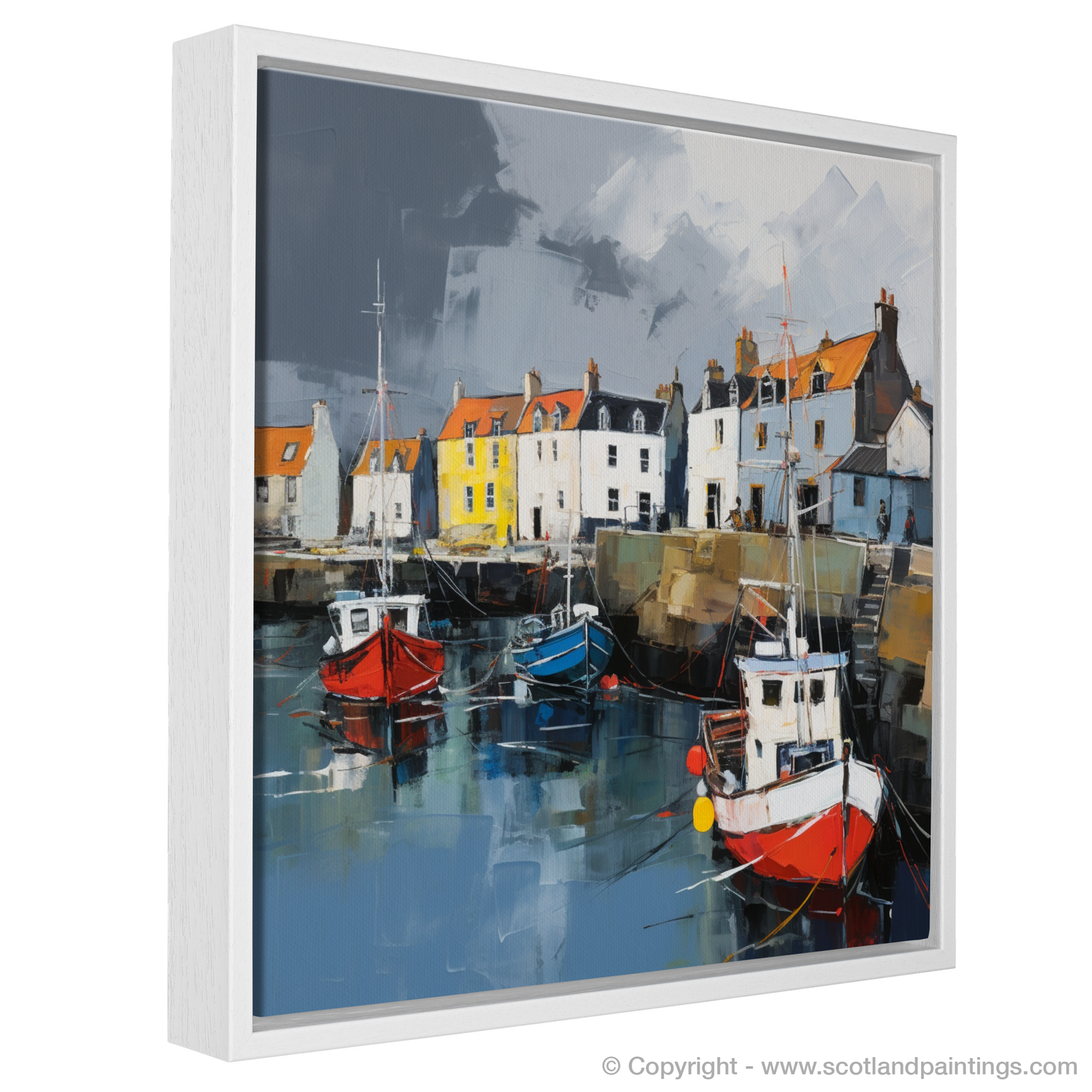 Painting and Art Print of St Monans Harbour with a stormy sky entitled "Storm's Embrace: The Dynamic Essence of St Monans Harbour".