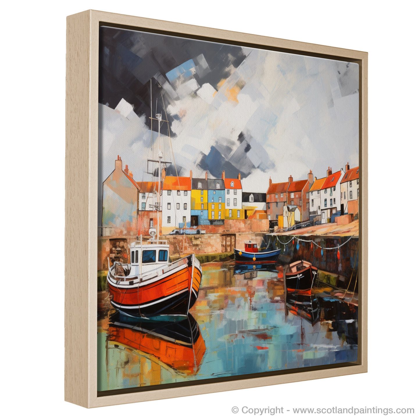 Painting and Art Print of St Monans Harbour with a stormy sky entitled "Stormy Serenade at St Monans Harbour".