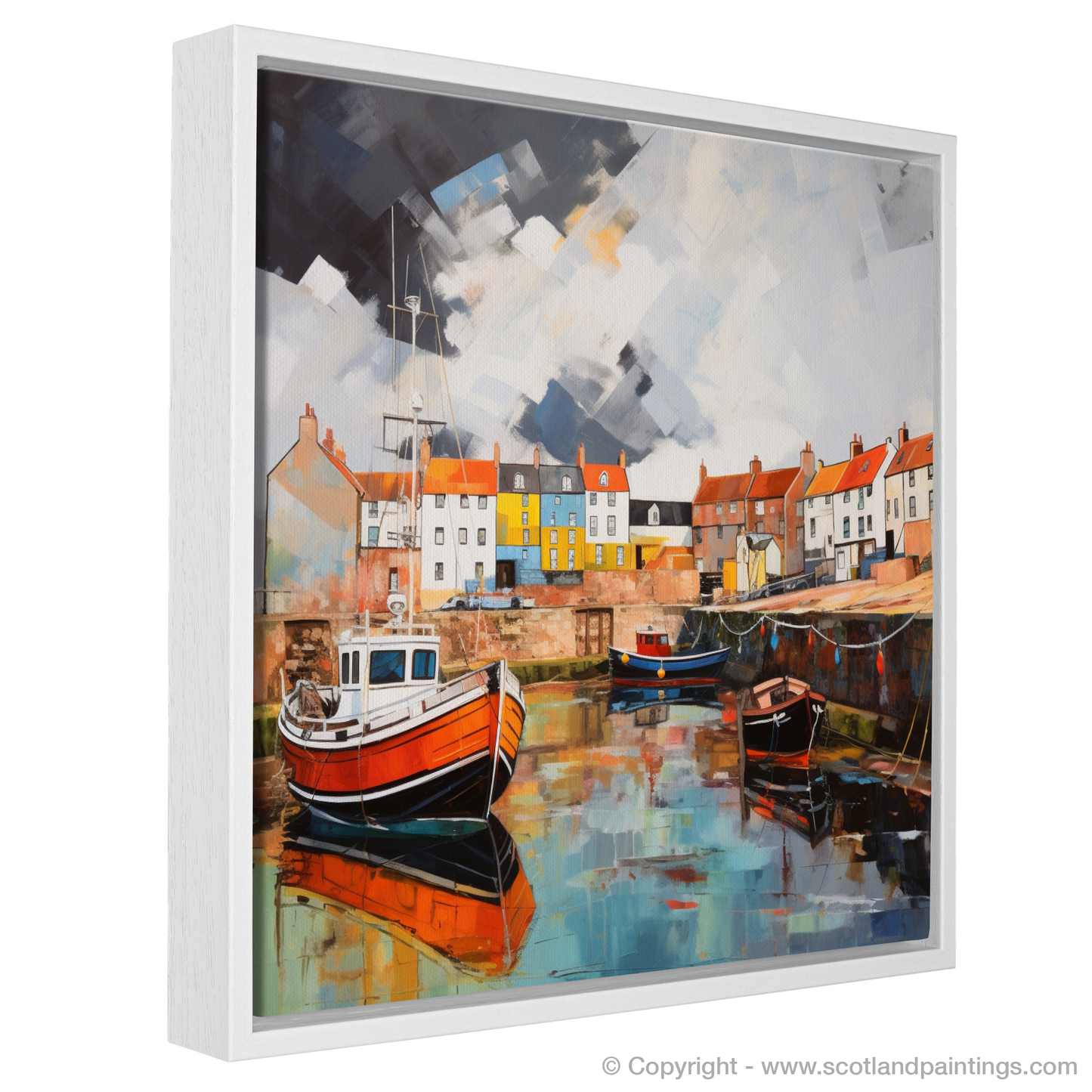 Painting and Art Print of St Monans Harbour with a stormy sky entitled "Stormy Serenade at St Monans Harbour".