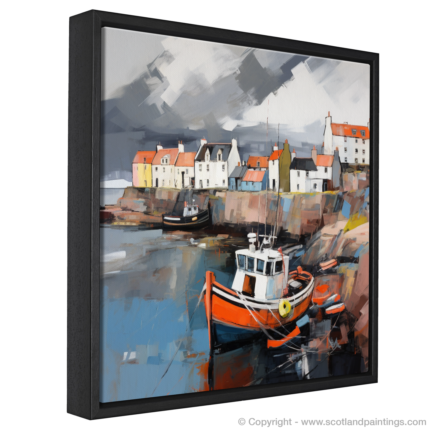 Painting and Art Print of St Monans Harbour with a stormy sky entitled "Storm over St Monans: An Expressionist Ode to Scotland's Harbours".