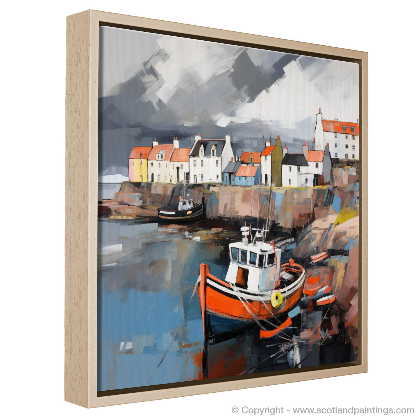 Painting and Art Print of St Monans Harbour with a stormy sky entitled "Storm over St Monans: An Expressionist Ode to Scotland's Harbours".