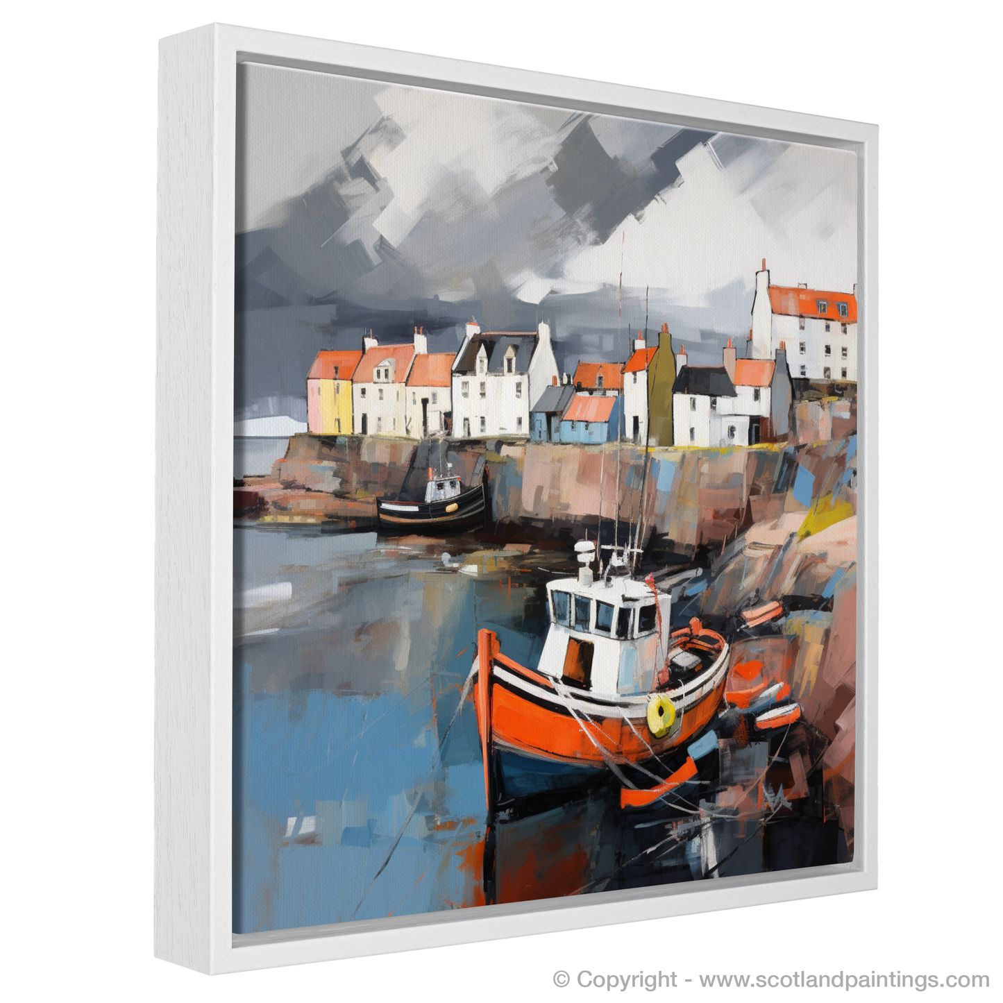 Painting and Art Print of St Monans Harbour with a stormy sky entitled "Storm over St Monans: An Expressionist Ode to Scotland's Harbours".