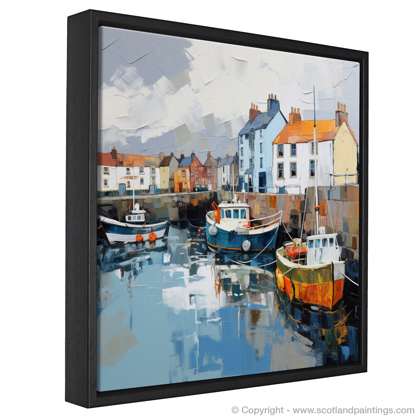 Painting and Art Print of St Monans Harbour with a stormy sky. Storm Over St Monans: An Expressionist Ode to Scottish Harbours.