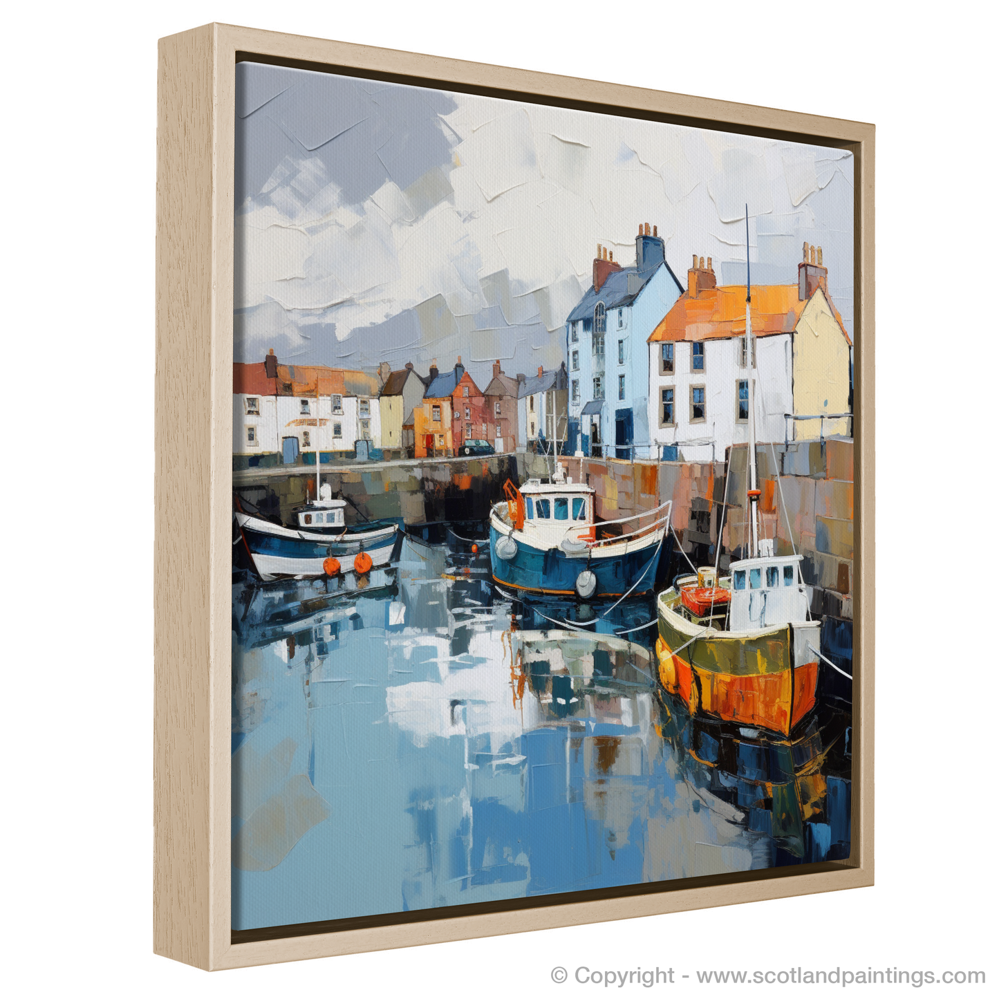 Painting and Art Print of St Monans Harbour with a stormy sky. Storm Over St Monans: An Expressionist Ode to Scottish Harbours.