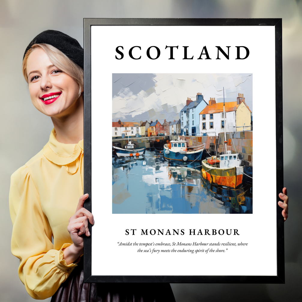 Person holding a poster of St Monans Harbour