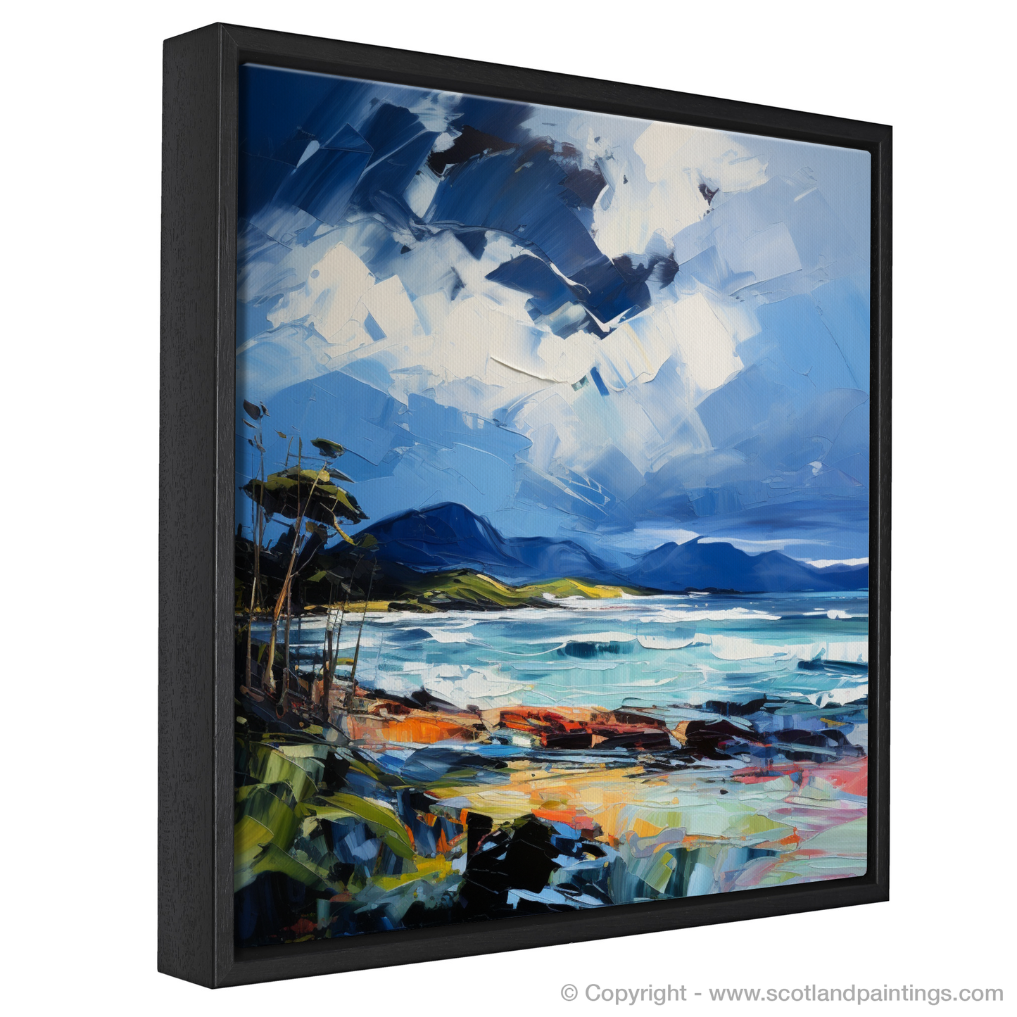 Painting and Art Print of Ardalanish Bay with a stormy sky entitled "Storm over Ardalanish Bay: An Expressionist Ode to Scotland's Rugged Coast".