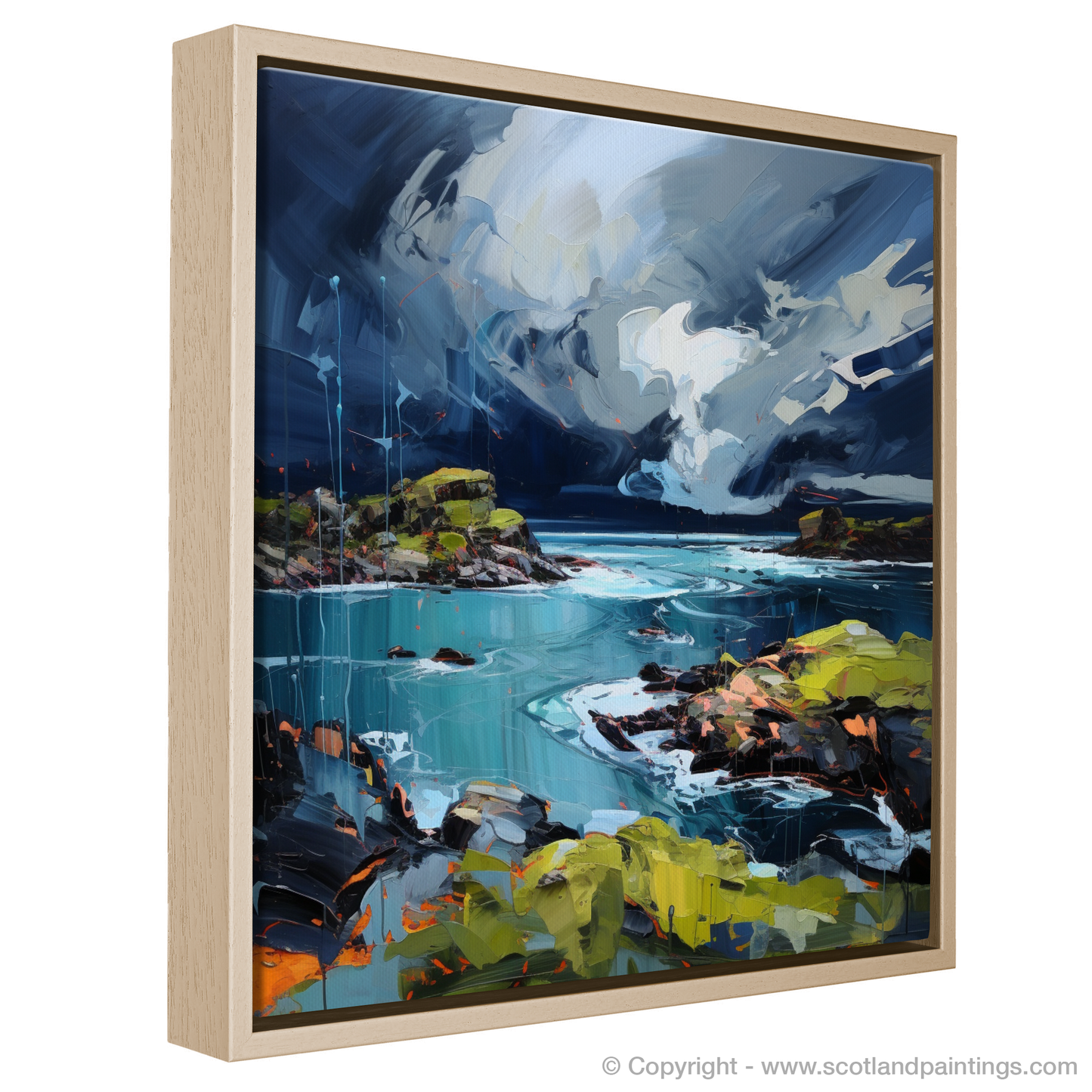 Painting and Art Print of Ardalanish Bay with a stormy sky entitled "Storm Over Ardalanish Bay: An Expressionist Ode to Scottish Coves".