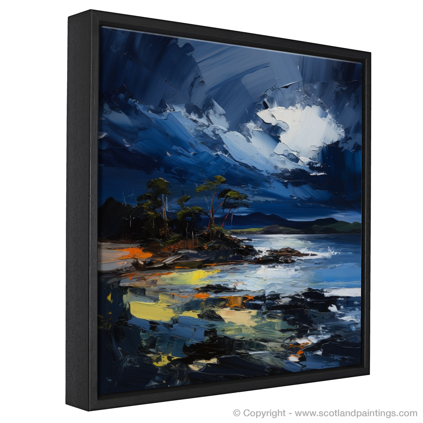 Painting and Art Print of Ardalanish Bay with a stormy sky entitled "Storm Over Ardalanish Bay: An Expressionist Ode to Scottish Coves".