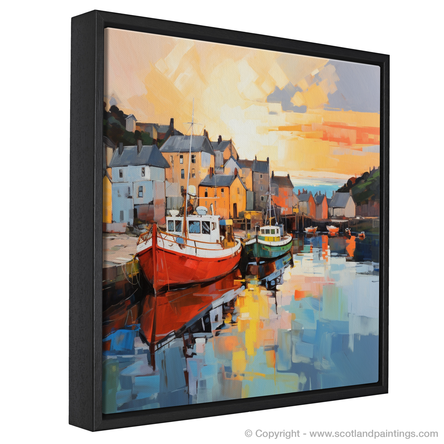 Painting and Art Print of Millport Harbour at golden hour entitled "Millport Harbour at Golden Hour: An Expressionist Tribute".