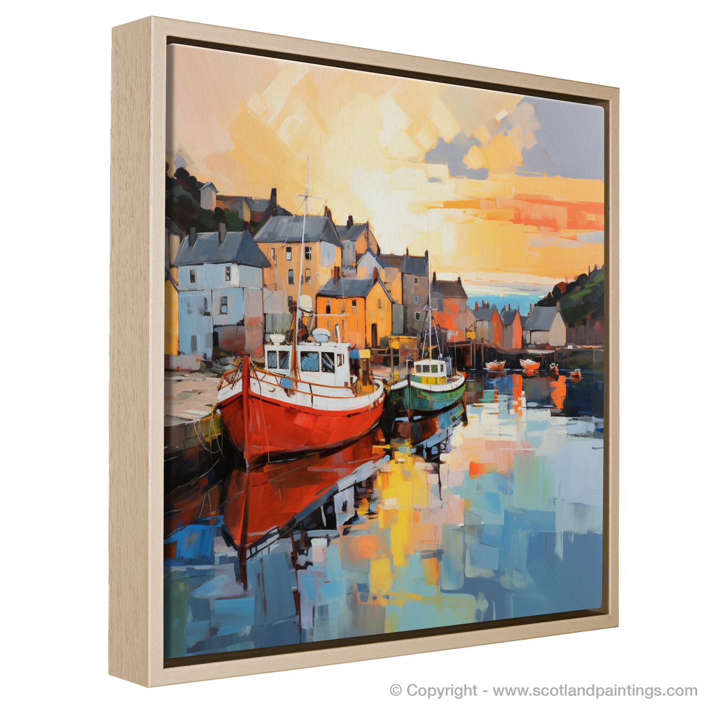 Painting and Art Print of Millport Harbour at golden hour entitled "Millport Harbour at Golden Hour: An Expressionist Tribute".