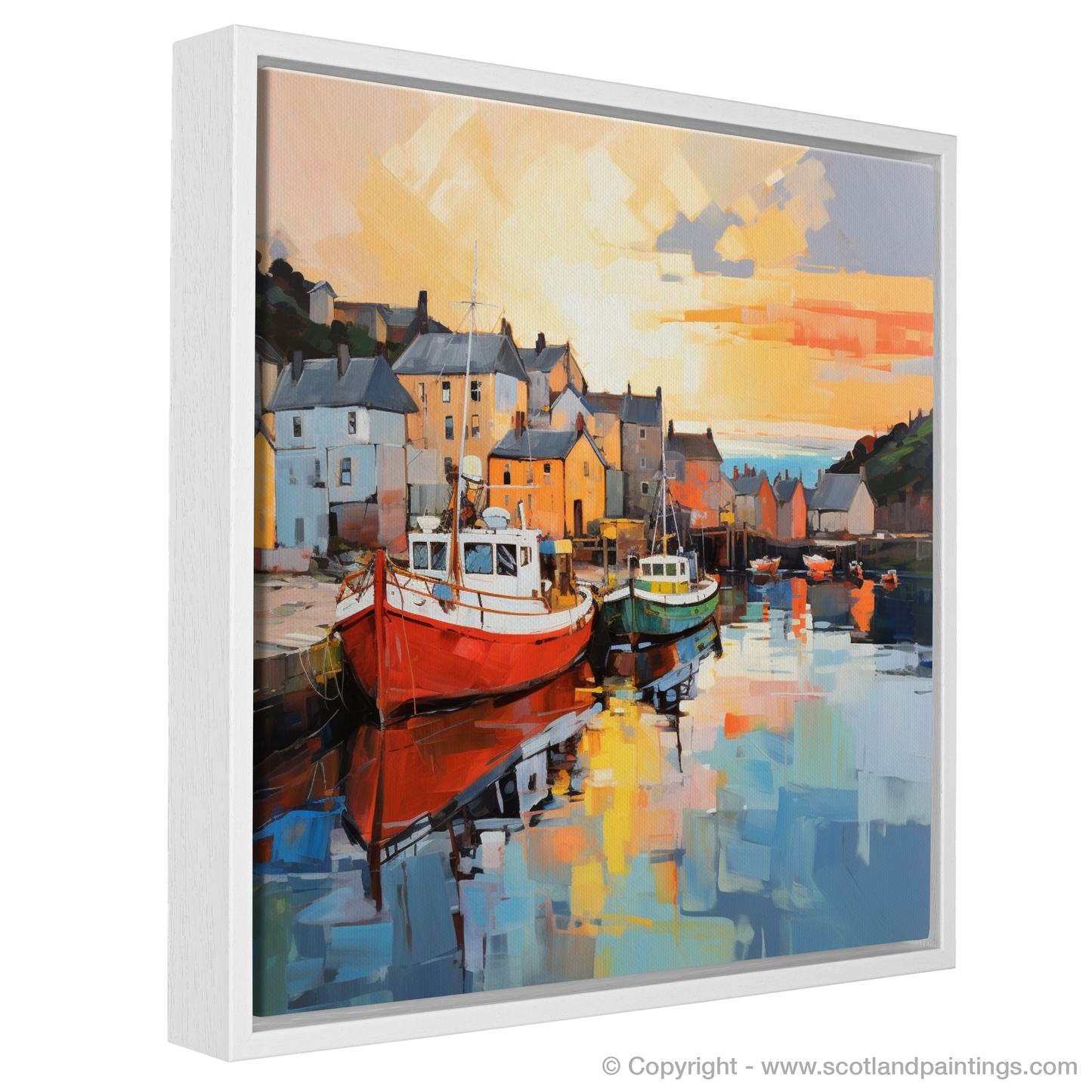 Painting and Art Print of Millport Harbour at golden hour entitled "Millport Harbour at Golden Hour: An Expressionist Tribute".