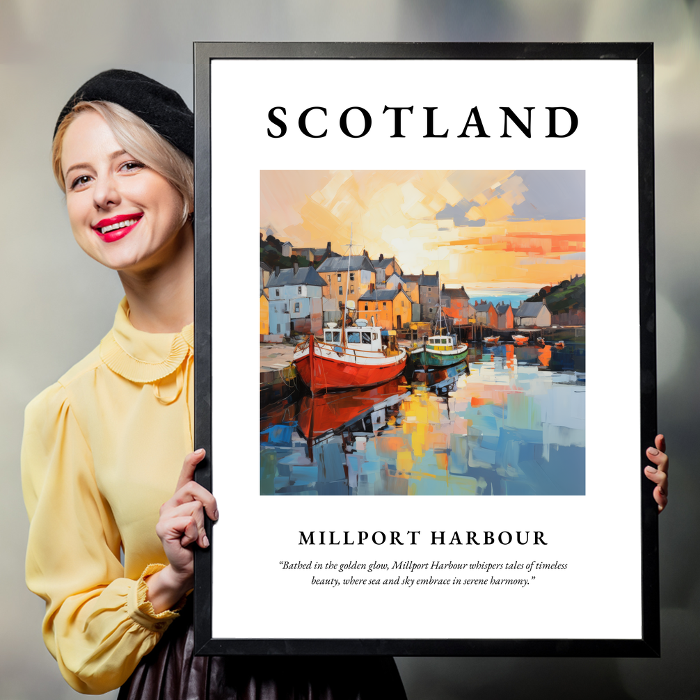 Person holding a poster of Millport Harbour