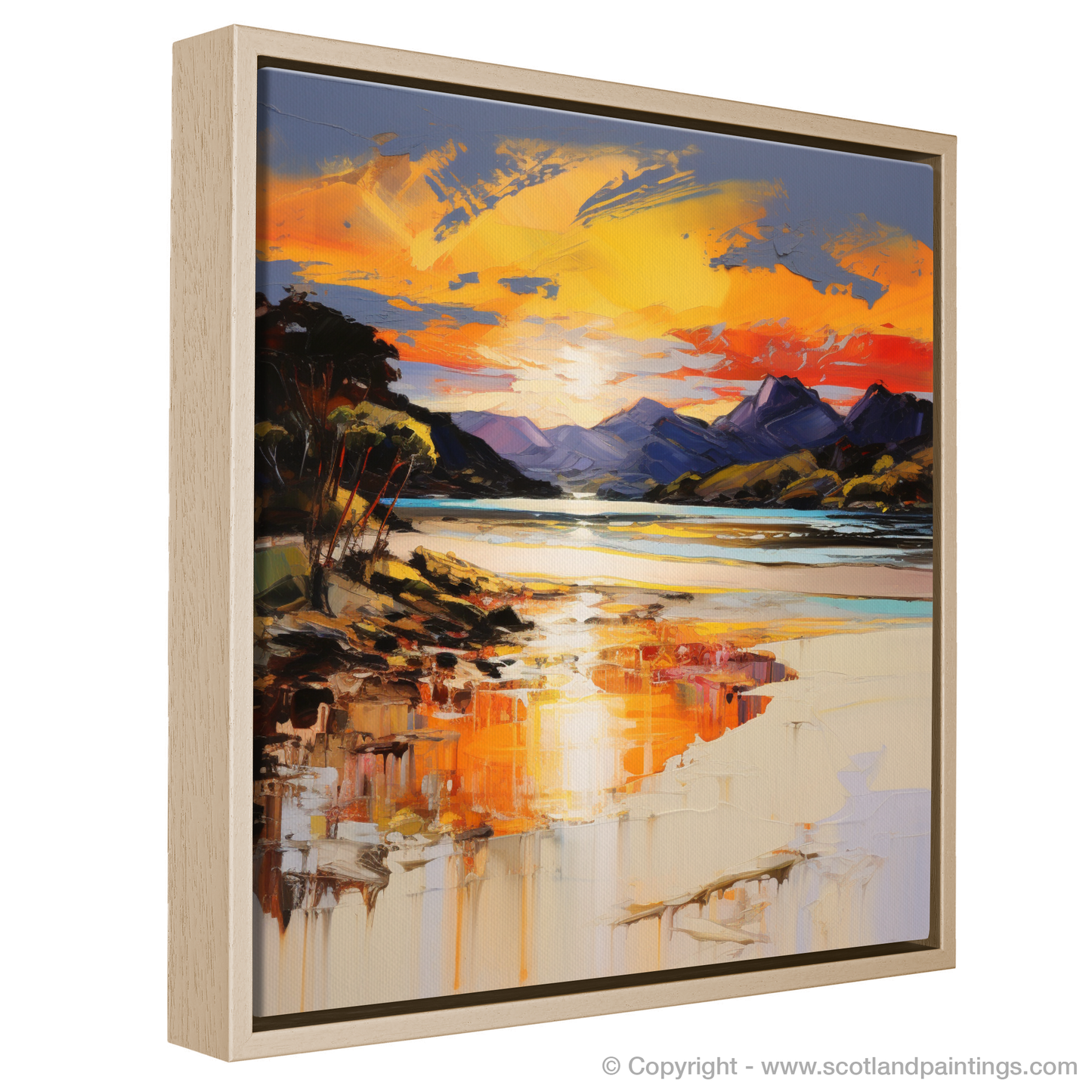 Painting and Art Print of Silver Sands of Morar at sunset entitled "Fiery Reflections at Morar Sands".