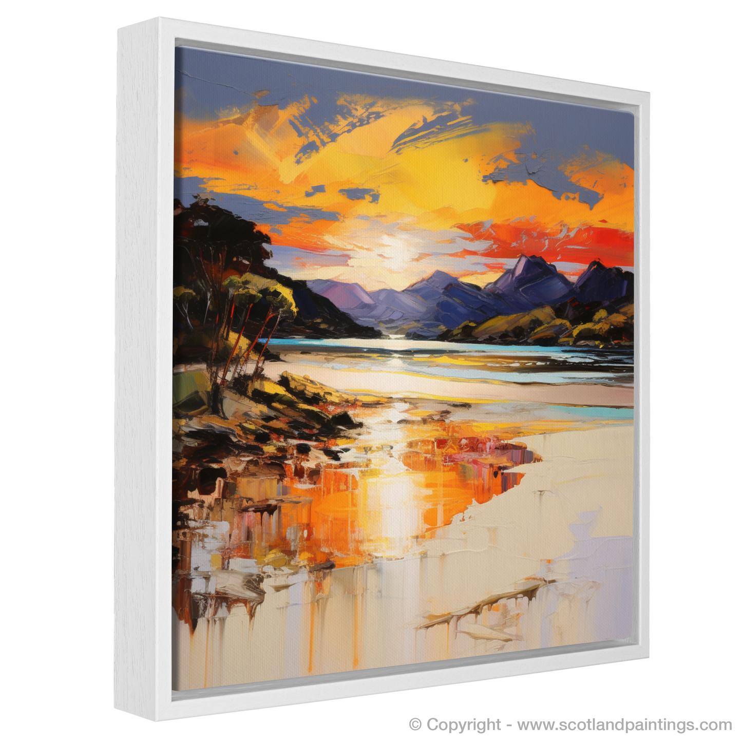 Painting and Art Print of Silver Sands of Morar at sunset entitled "Fiery Reflections at Morar Sands".