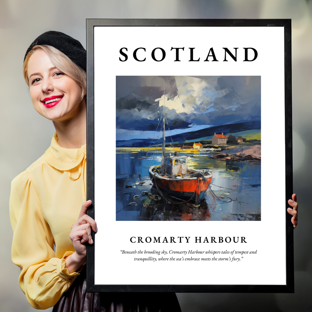 Person holding a poster of Cromarty Harbour