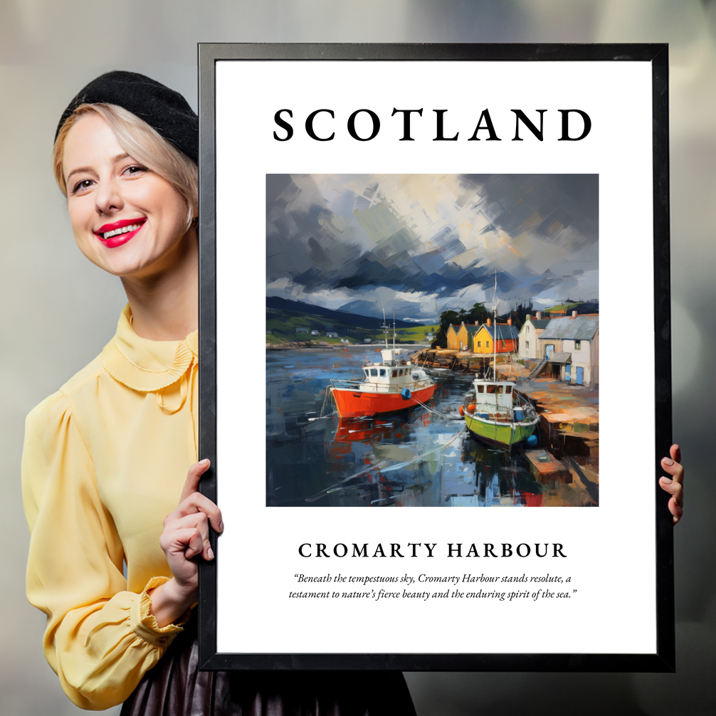 Person holding a poster of Cromarty Harbour