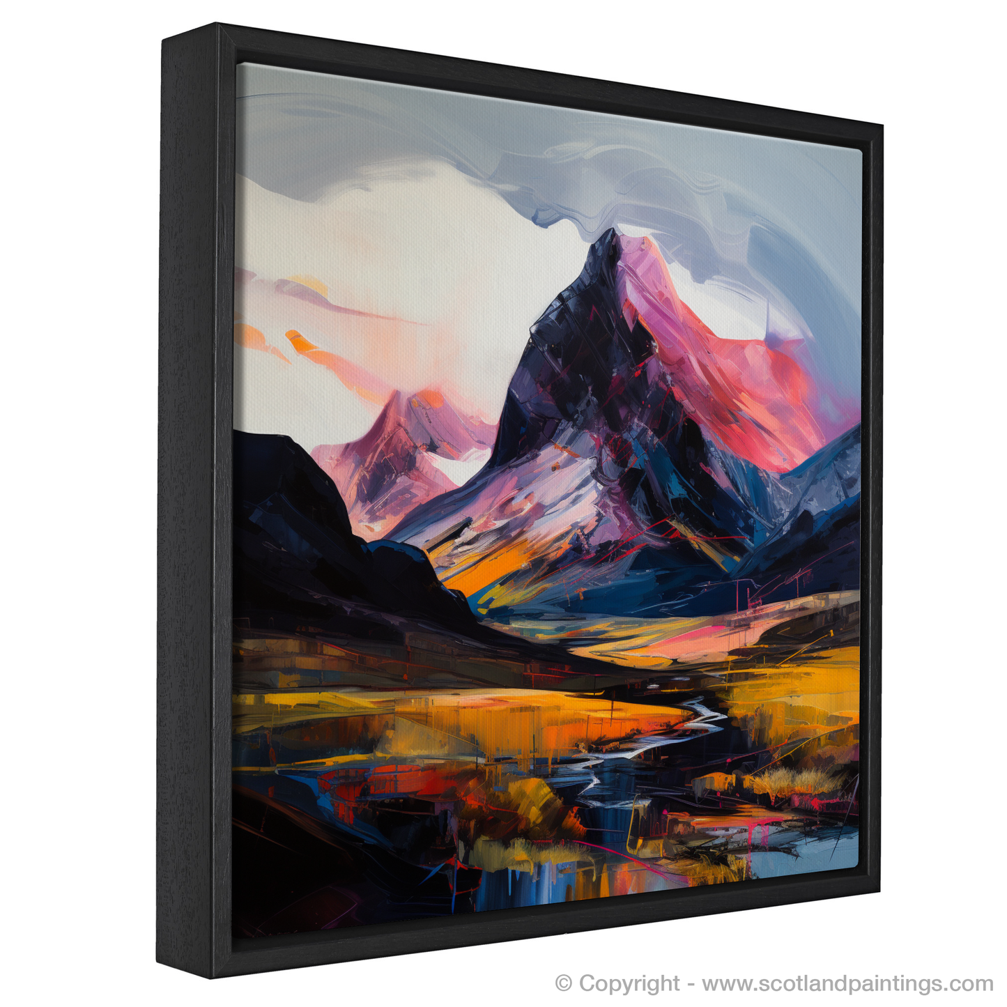 Painting and Art Print of Silhouetted peaks in Glencoe entitled "Majestic Glencoe Peaks: An Expressionist Dance of Colour and Light".