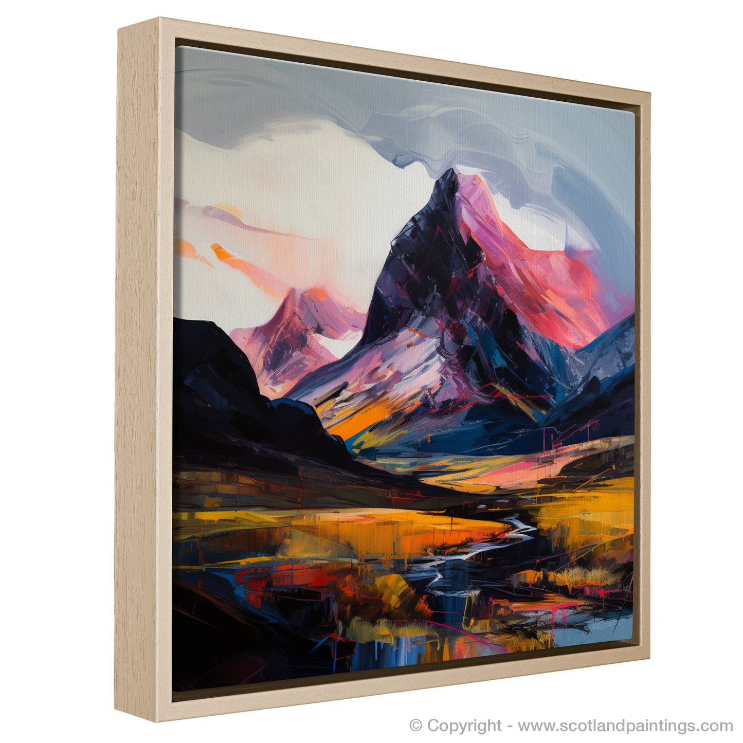 Painting and Art Print of Silhouetted peaks in Glencoe entitled "Majestic Glencoe Peaks: An Expressionist Dance of Colour and Light".