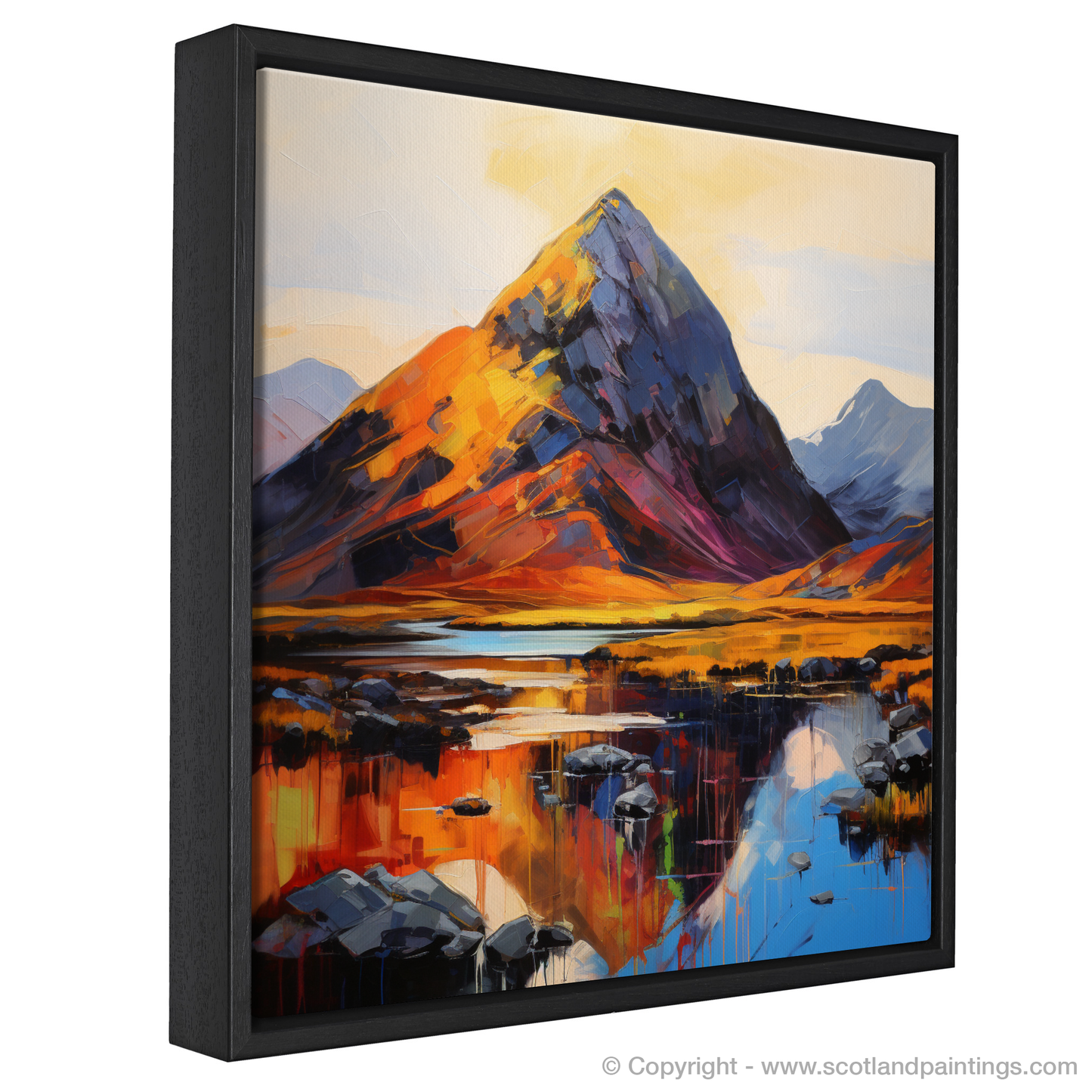 Painting and Art Print of Silhouetted peaks in Glencoe entitled "Majestic Glencoe: A Dance of Light and Shadow".