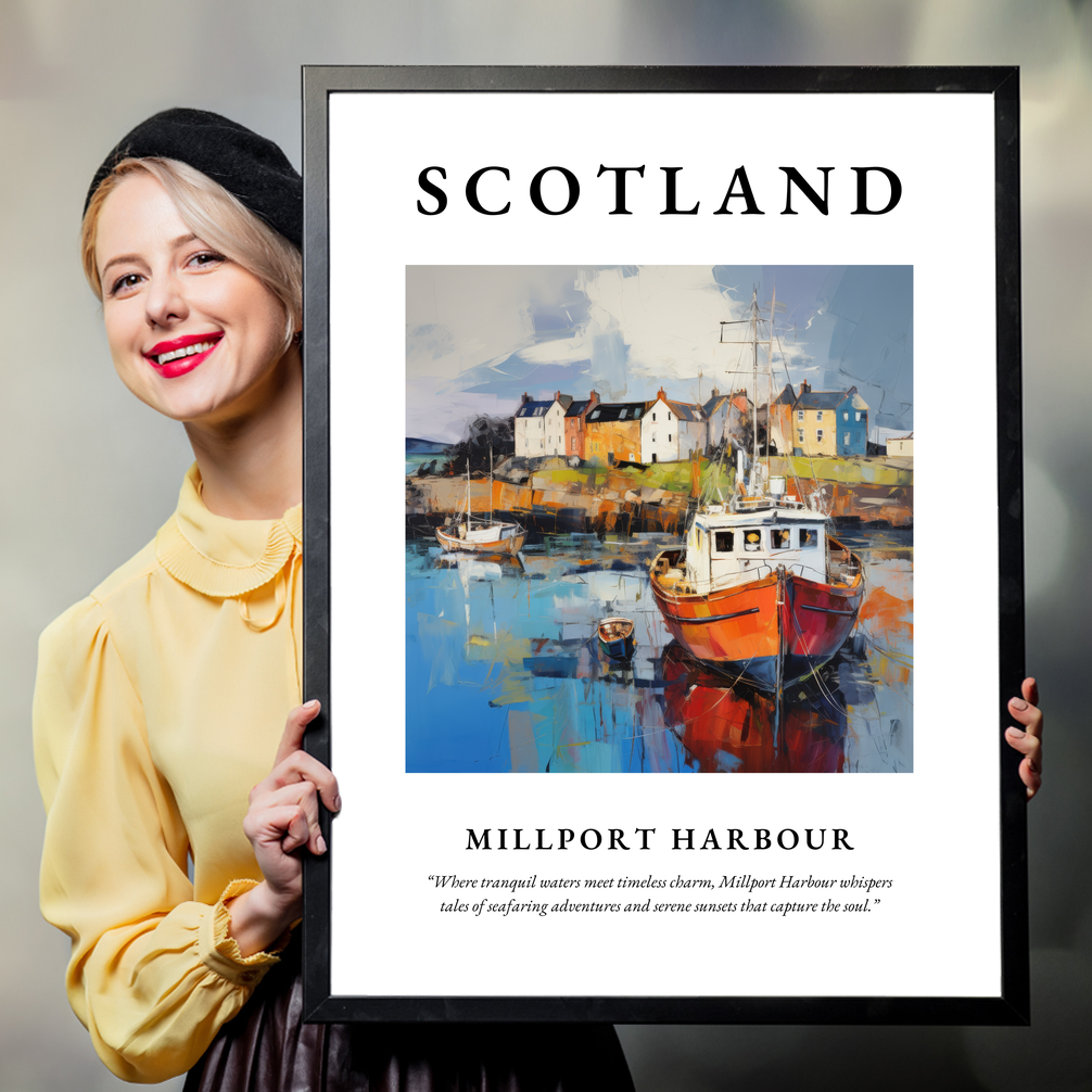 Person holding a poster of Millport Harbour