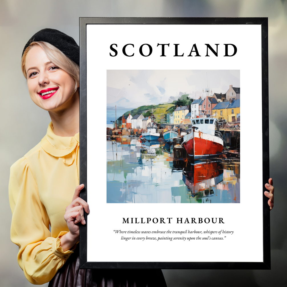 Person holding a poster of Millport Harbour