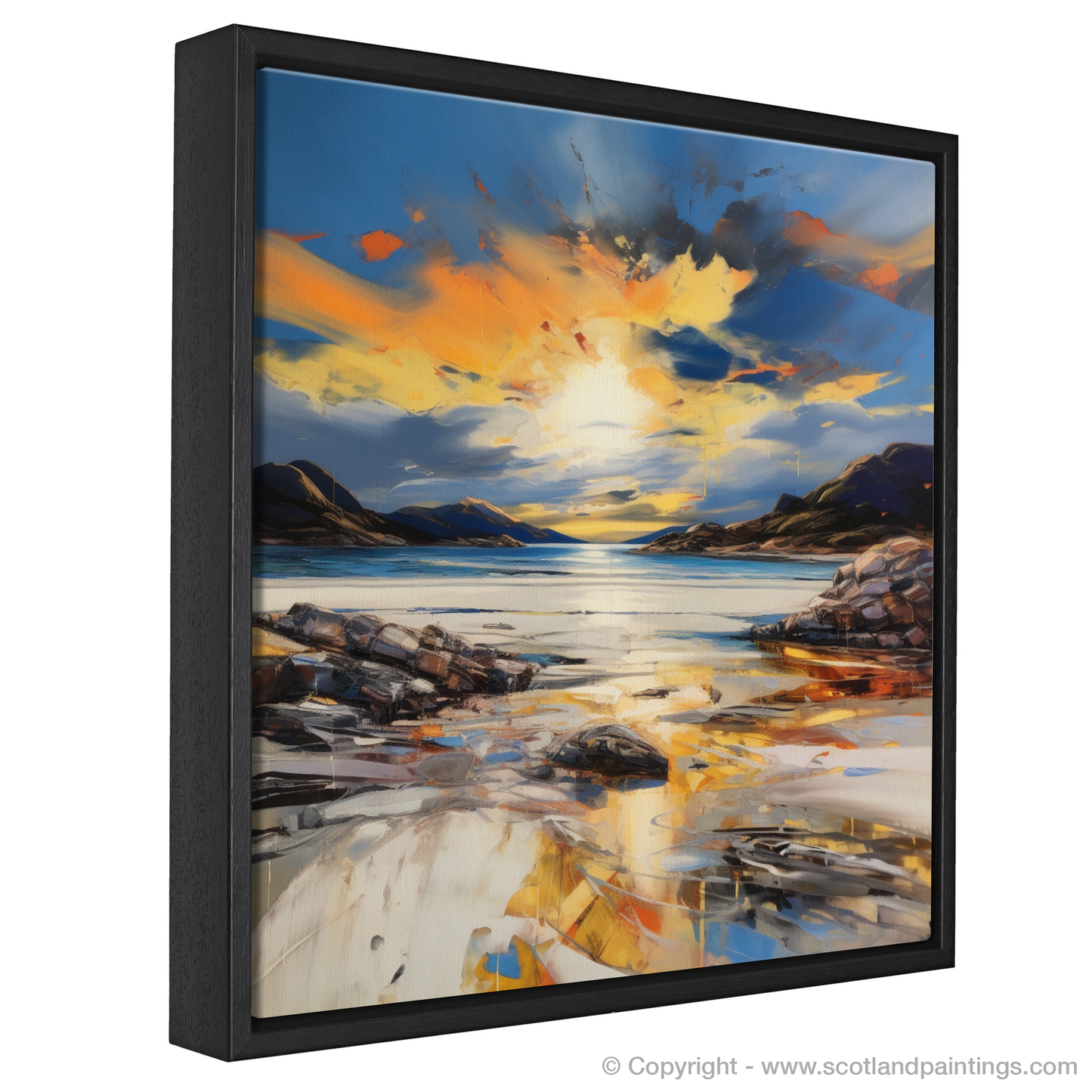 Painting and Art Print of Camusdarach Beach at golden hour entitled "Golden Hour Embrace at Camusdarach Beach".