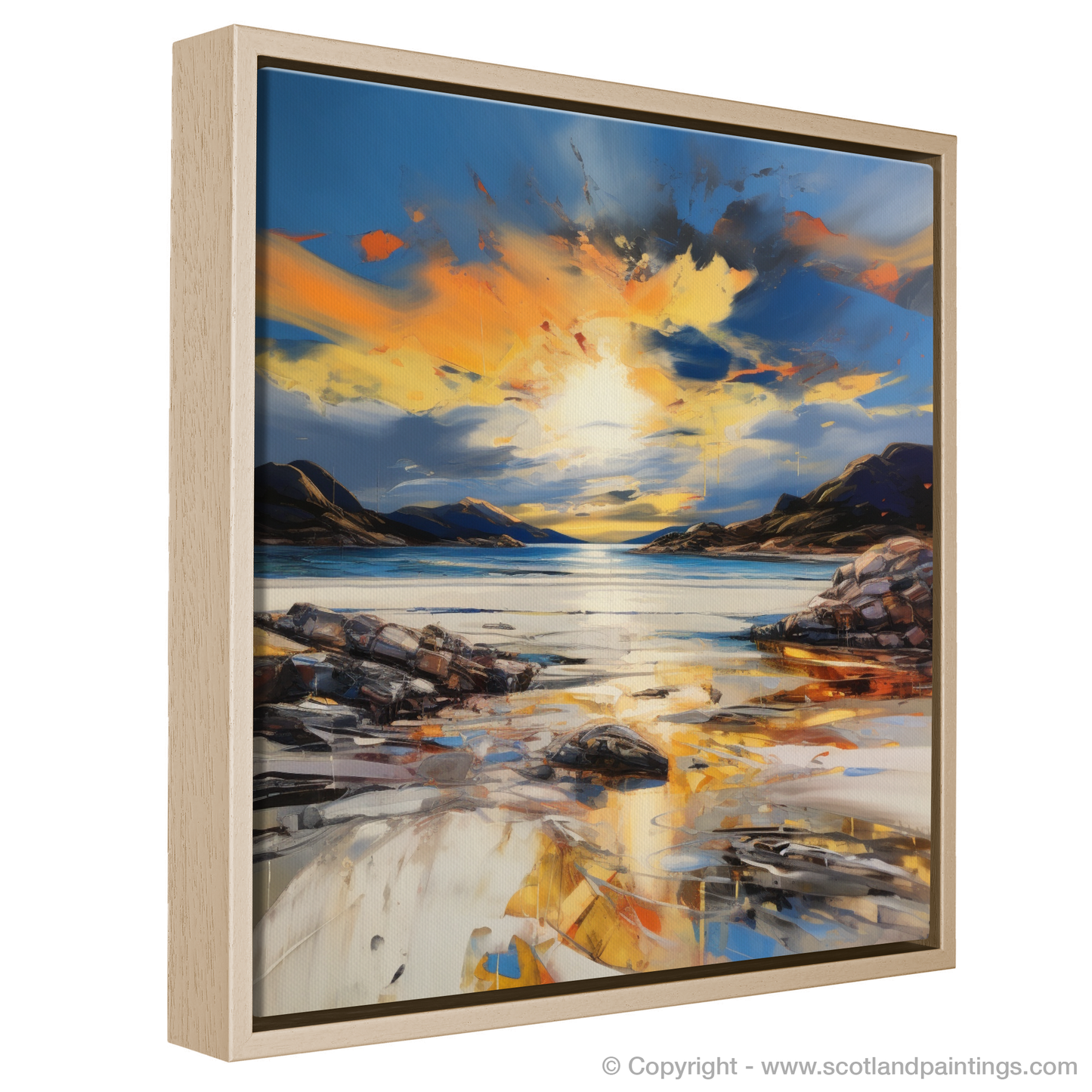 Painting and Art Print of Camusdarach Beach at golden hour entitled "Golden Hour Embrace at Camusdarach Beach".