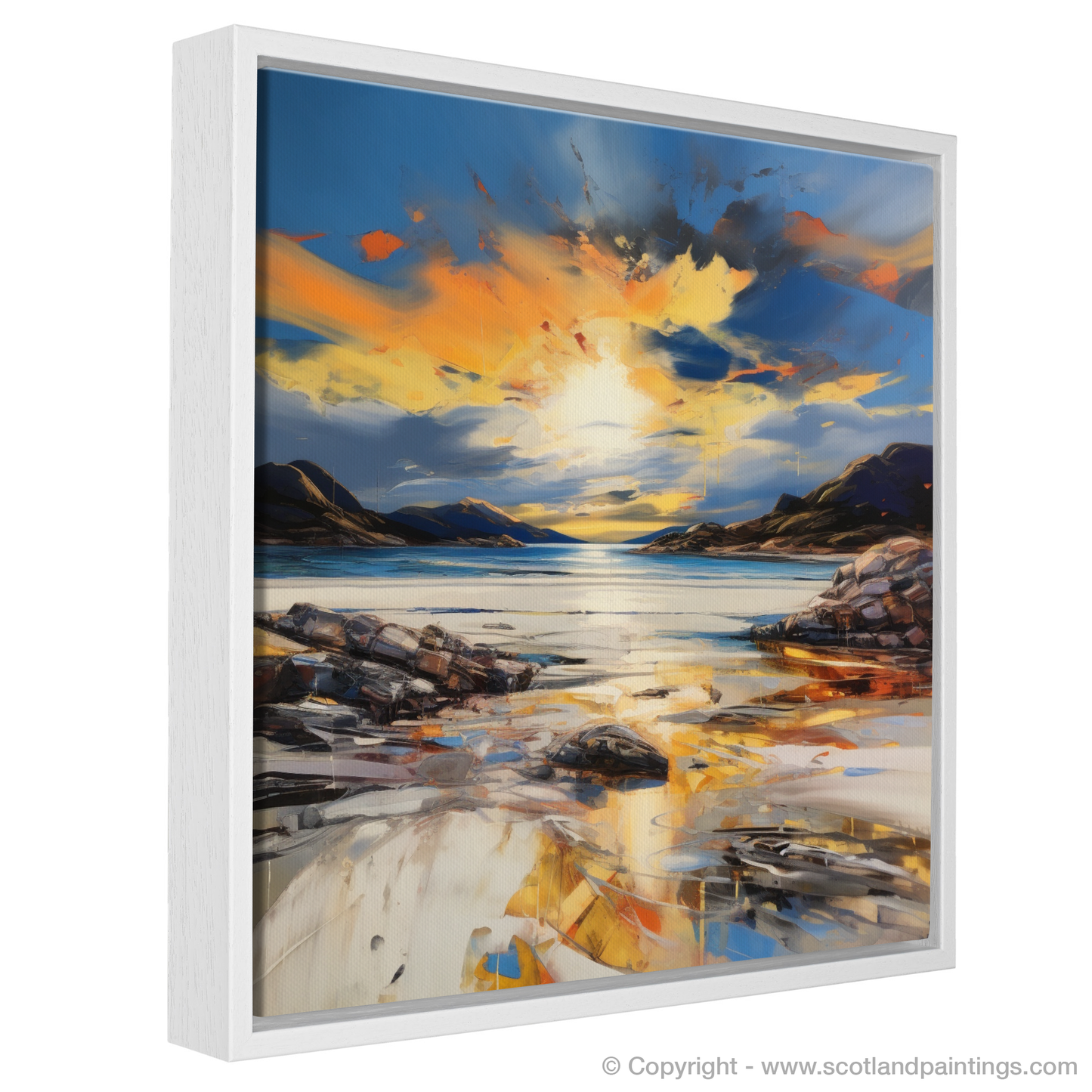 Painting and Art Print of Camusdarach Beach at golden hour entitled "Golden Hour Embrace at Camusdarach Beach".