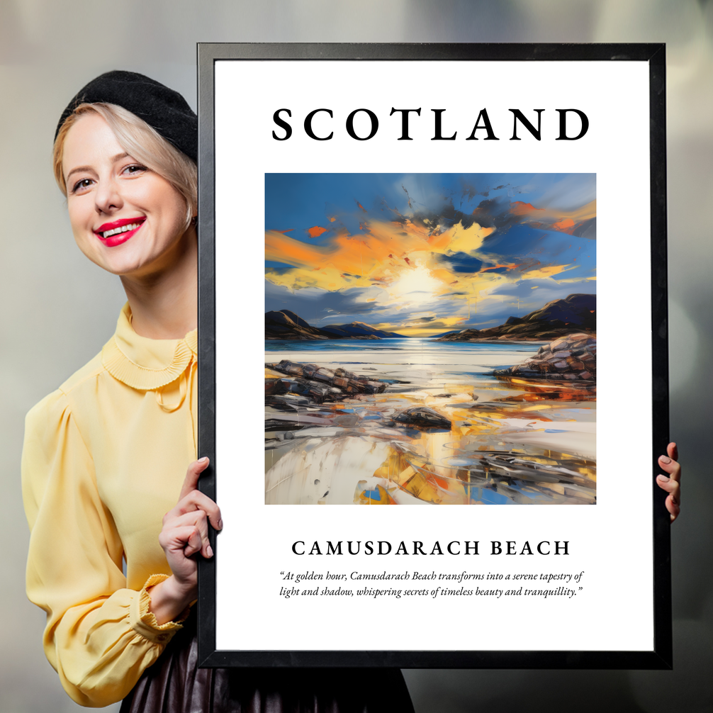 Person holding a poster of Camusdarach Beach