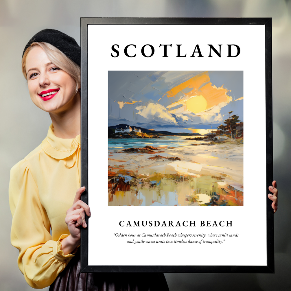 Person holding a poster of Camusdarach Beach