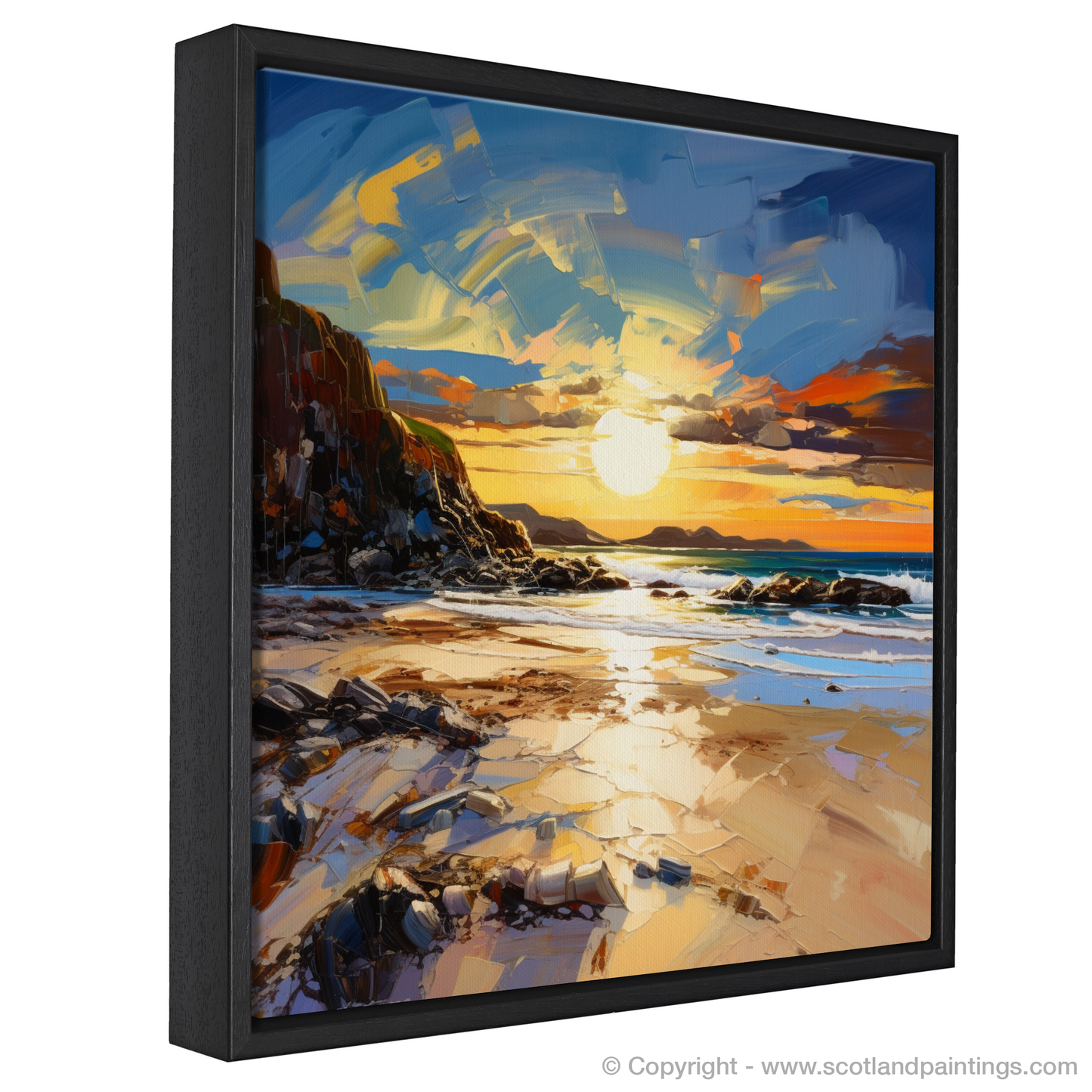 Painting and Art Print of Camusdarach Beach at golden hour entitled "Golden Hour Embrace at Camusdarach Beach".