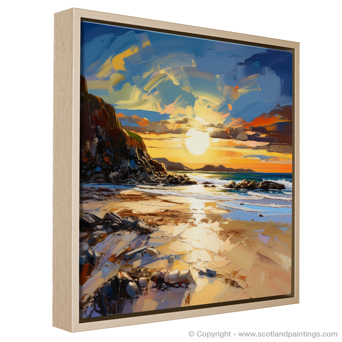 Painting and Art Print of Camusdarach Beach at golden hour entitled "Golden Hour Embrace at Camusdarach Beach".