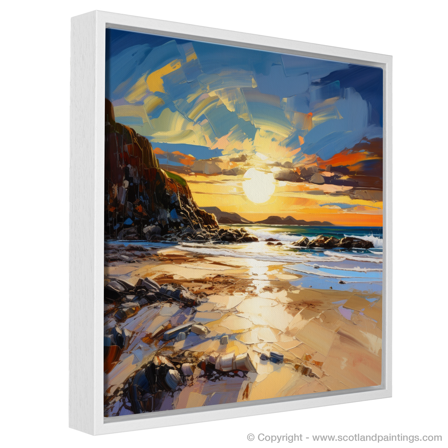 Painting and Art Print of Camusdarach Beach at golden hour entitled "Golden Hour Embrace at Camusdarach Beach".