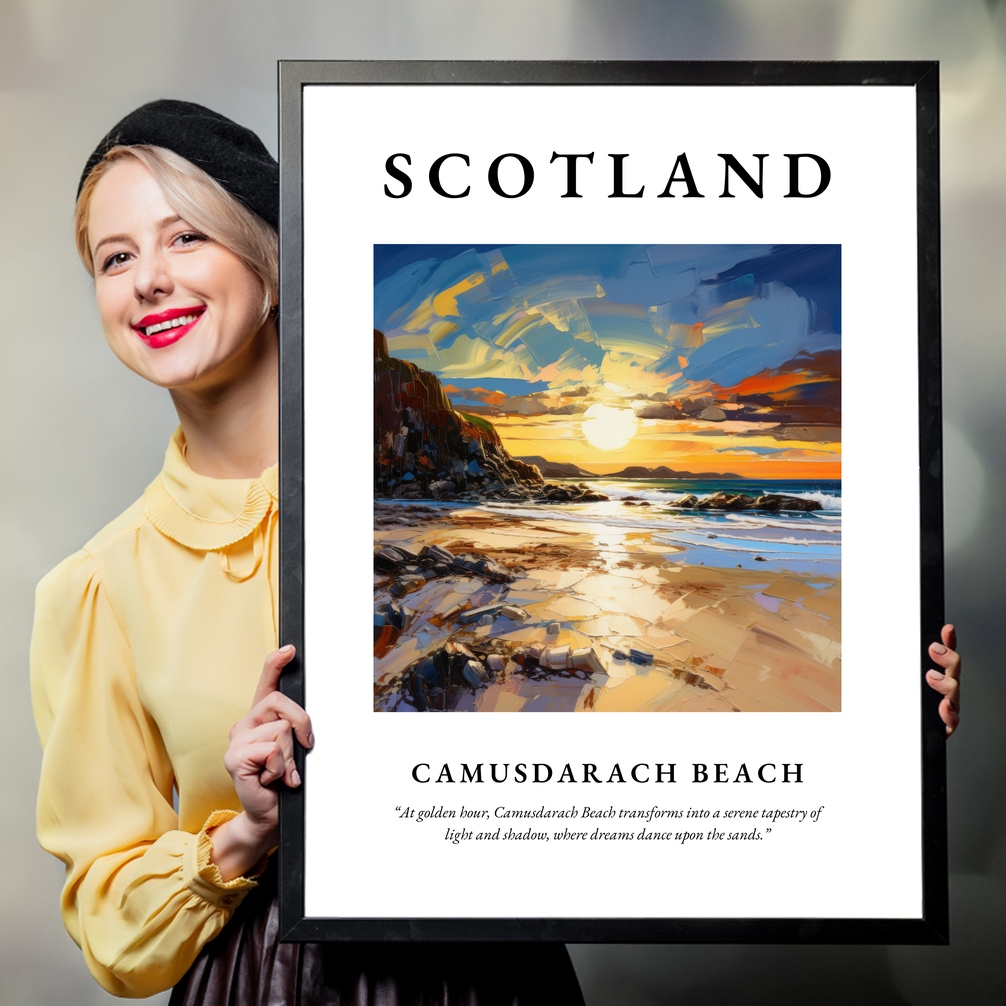 Person holding a poster of Camusdarach Beach