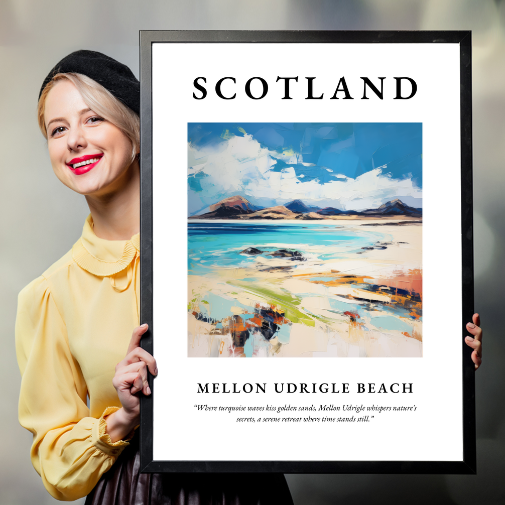 Person holding a poster of Mellon Udrigle Beach