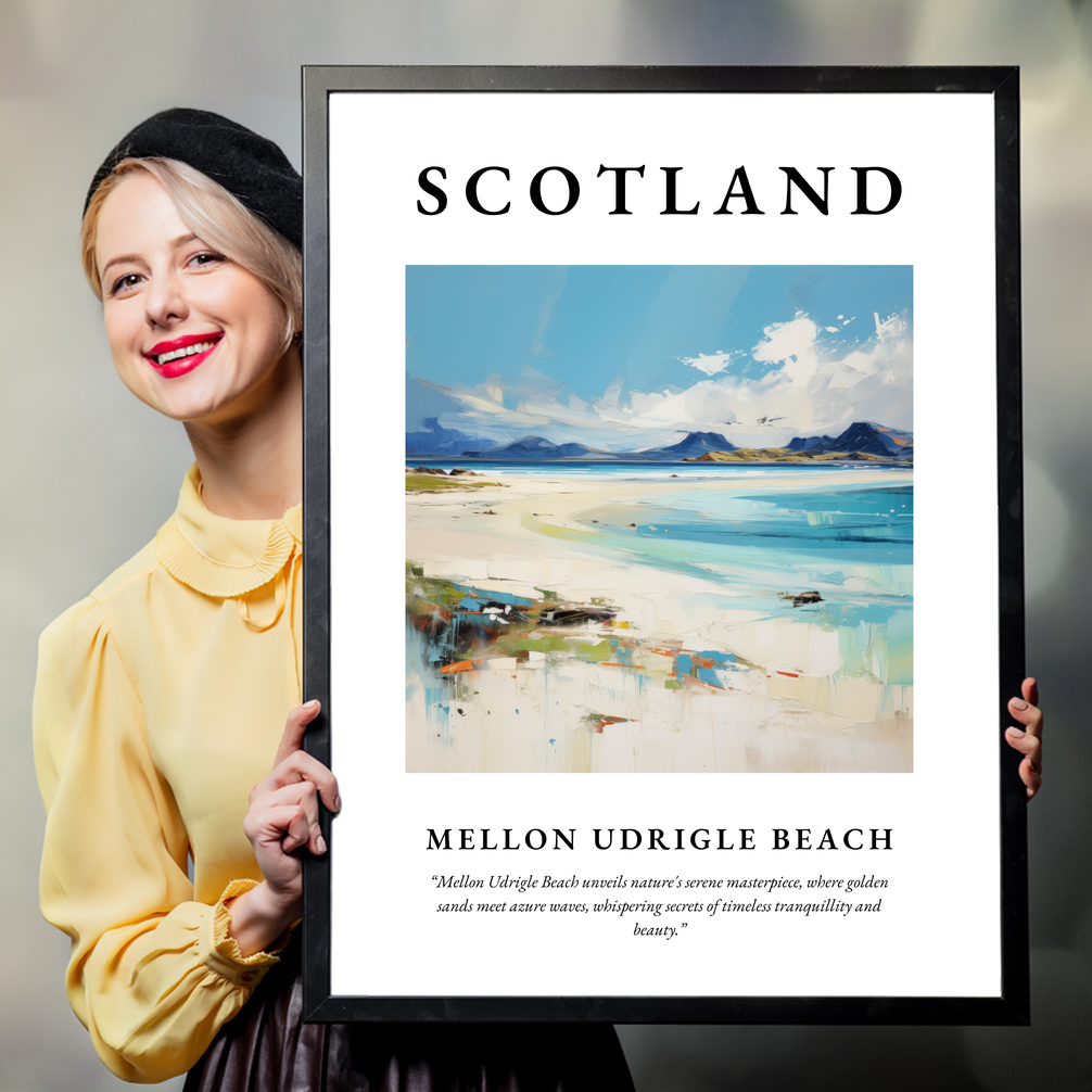 Person holding a poster of Mellon Udrigle Beach