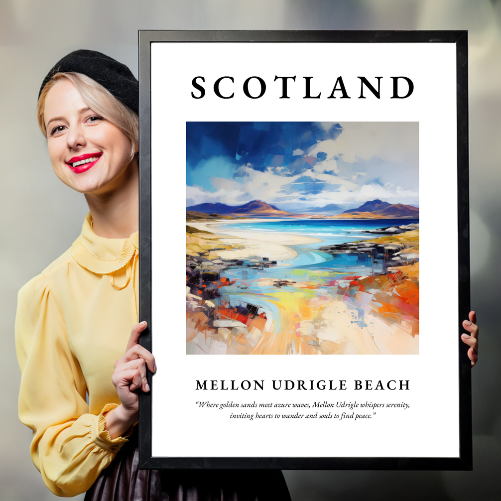 Person holding a poster of Mellon Udrigle Beach