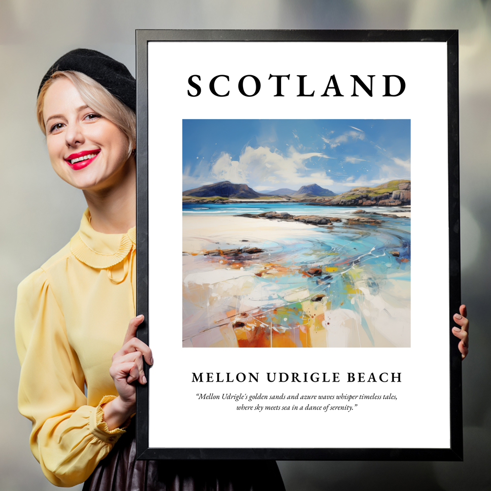 Person holding a poster of Mellon Udrigle Beach