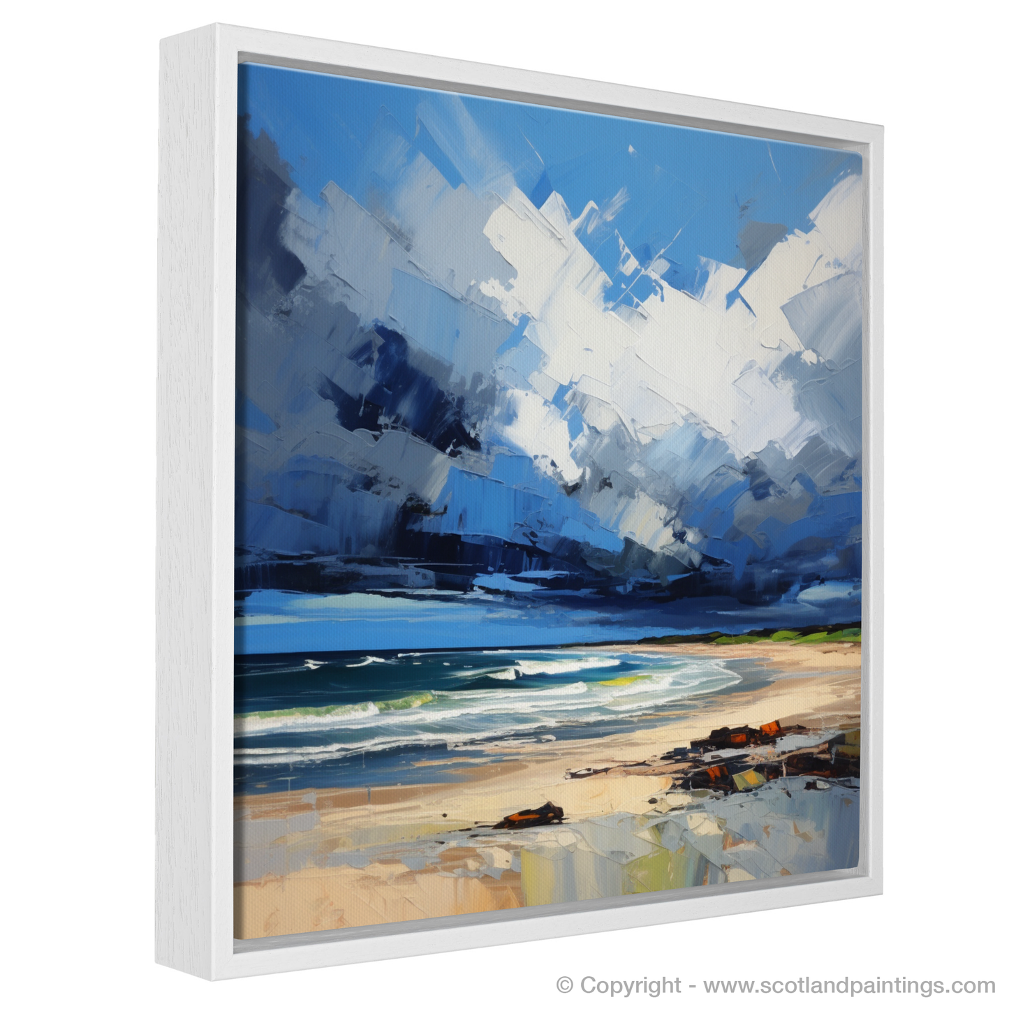 Painting and Art Print of Gullane Beach with a stormy sky entitled "Stormy Skies over Gullane Beach: An Expressionist Ode to Scotland's Coastal Majesty".