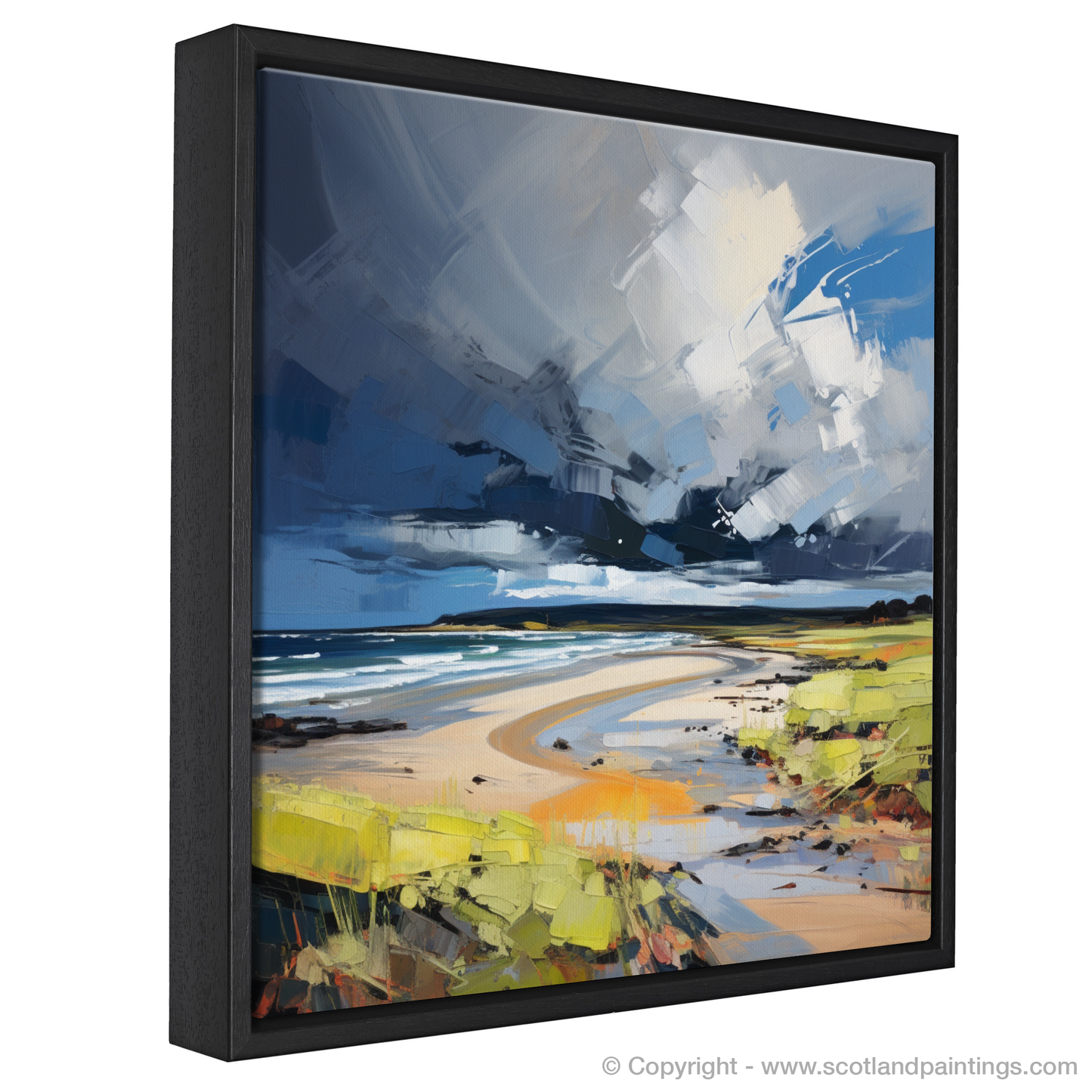 Painting and Art Print of Gullane Beach with a stormy sky entitled "Tempestuous Gullane: An Expressionist Ode to Scotland's Coastline".