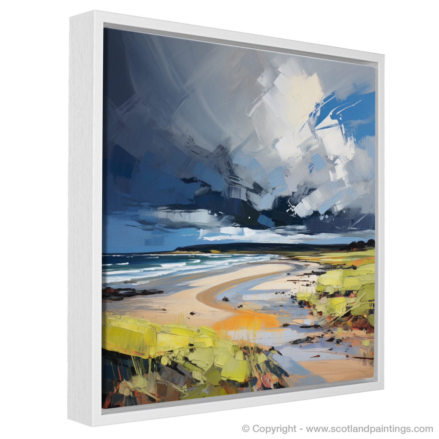 Painting and Art Print of Gullane Beach with a stormy sky entitled "Tempestuous Gullane: An Expressionist Ode to Scotland's Coastline".