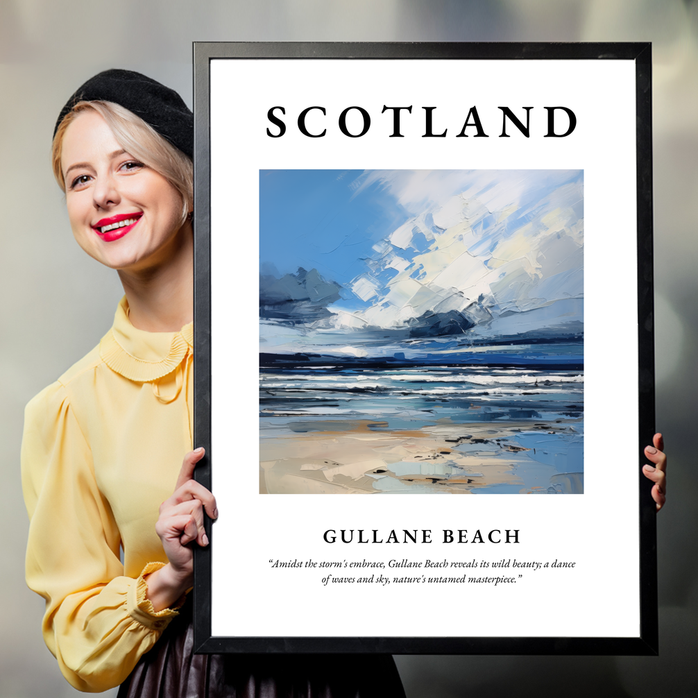 Person holding a poster of Gullane Beach