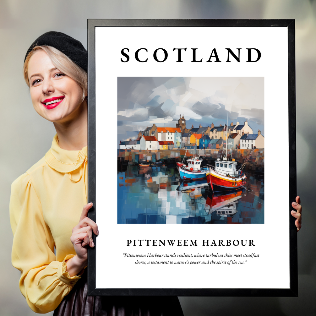 Person holding a poster of Pittenweem Harbour