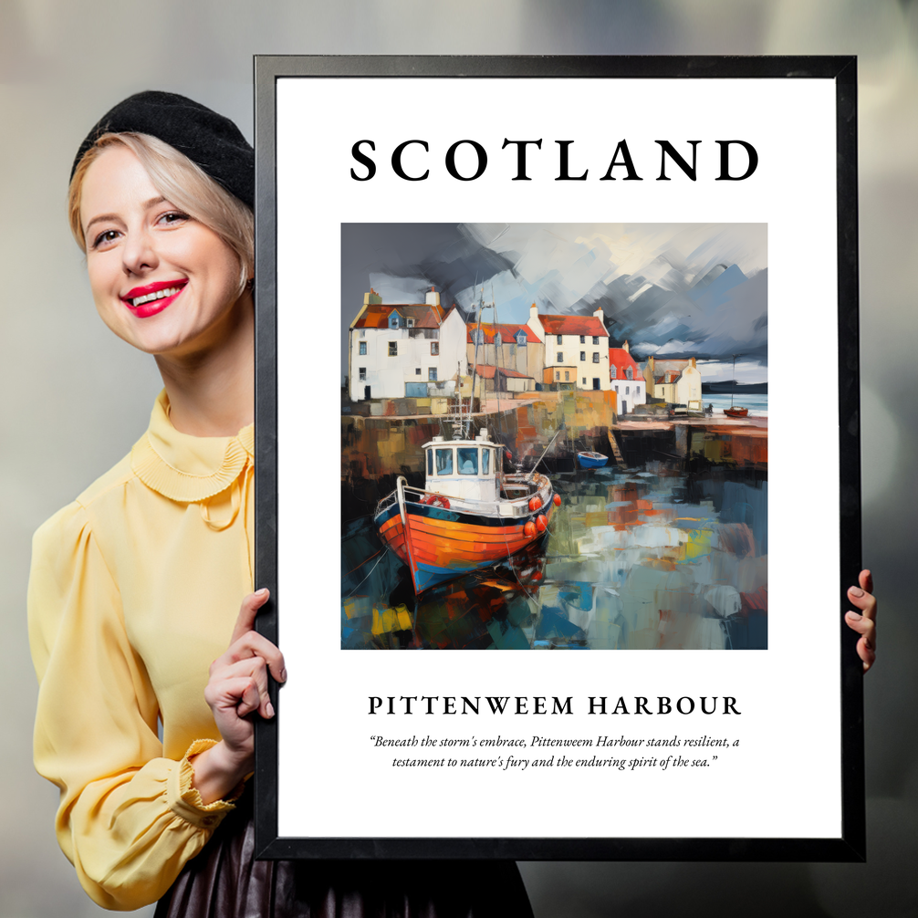 Person holding a poster of Pittenweem Harbour