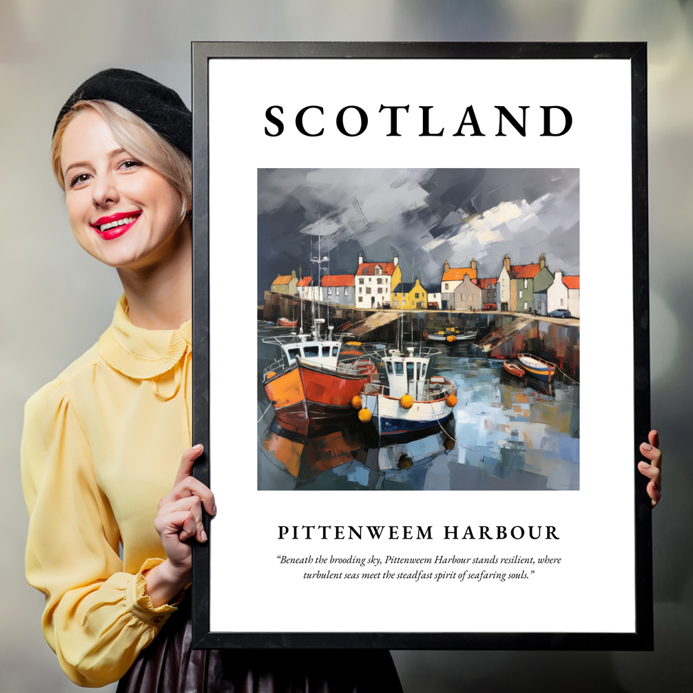 Person holding a poster of Pittenweem Harbour