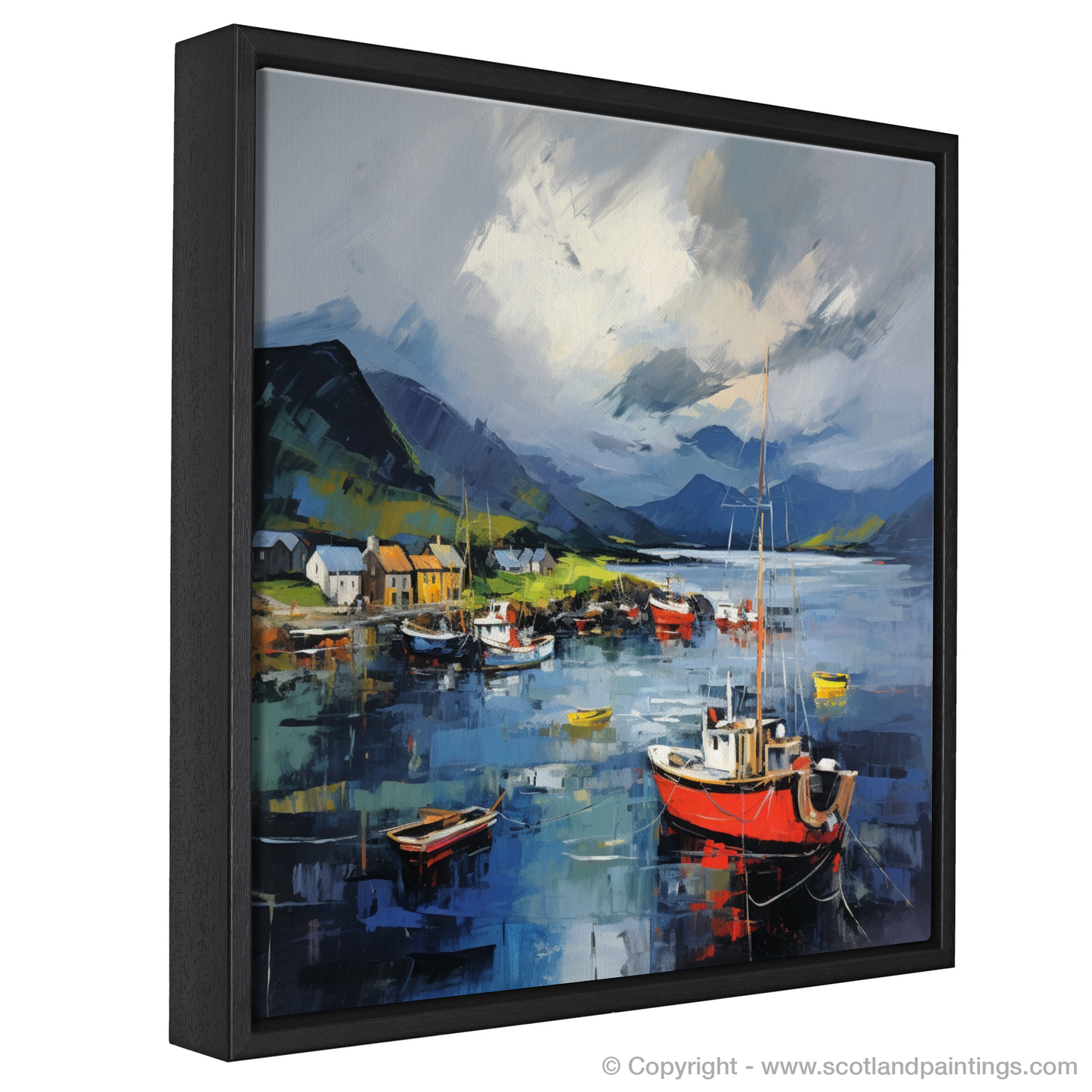 Painting and Art Print of Lochranza Harbour with a stormy sky. Storm's Embrace over Lochranza Harbour.