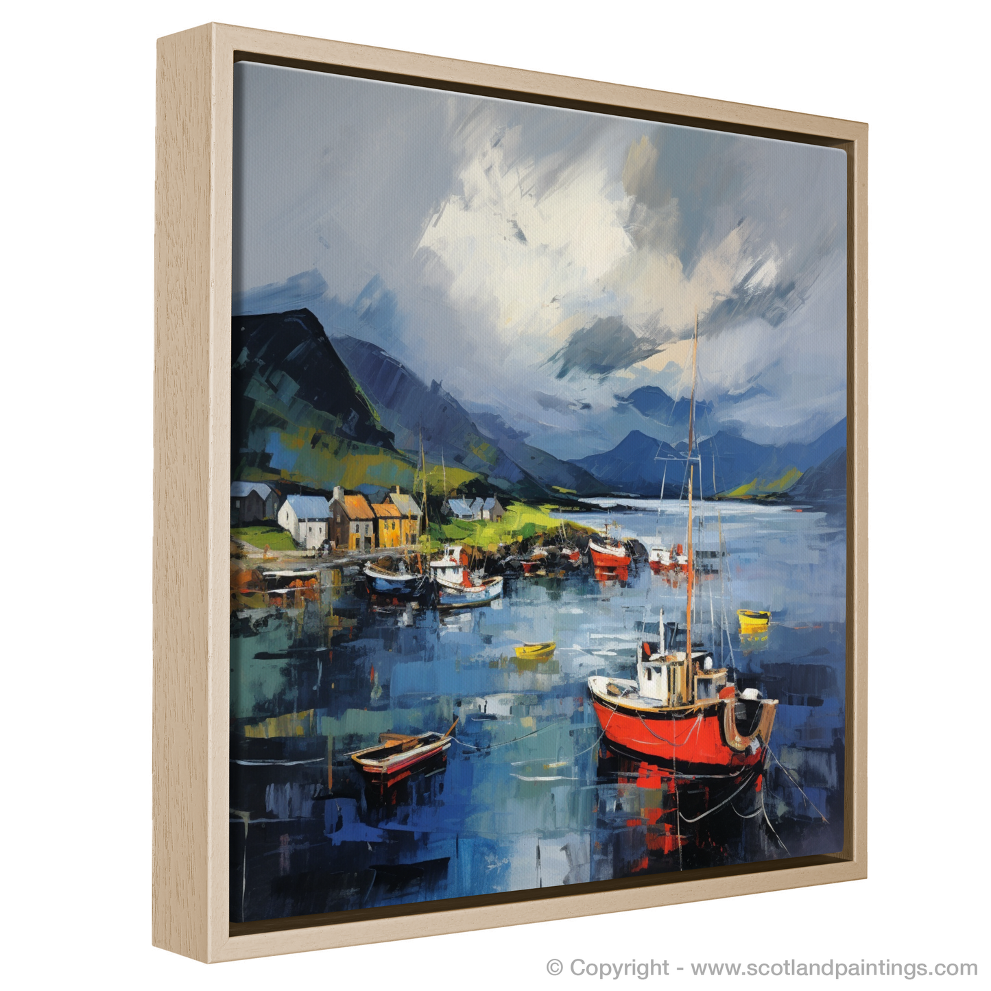 Painting and Art Print of Lochranza Harbour with a stormy sky. Storm's Embrace over Lochranza Harbour.